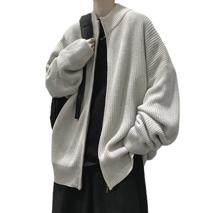maoxiangshop New Korean Fashion Thick Knitted Cardigan Men Casual Zip Up Sweaters Long Sleeve Knitwear Slim Fitted Zipper Cardigans Male