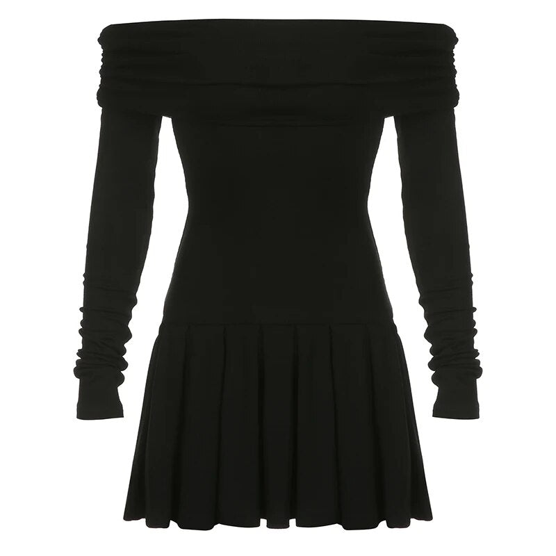 maoxiangshop Casual Pleated A-line Dress y2k Elegant Solid Black Slash Neck Long Sleeve Loose Dresses for Women Autumn All-match