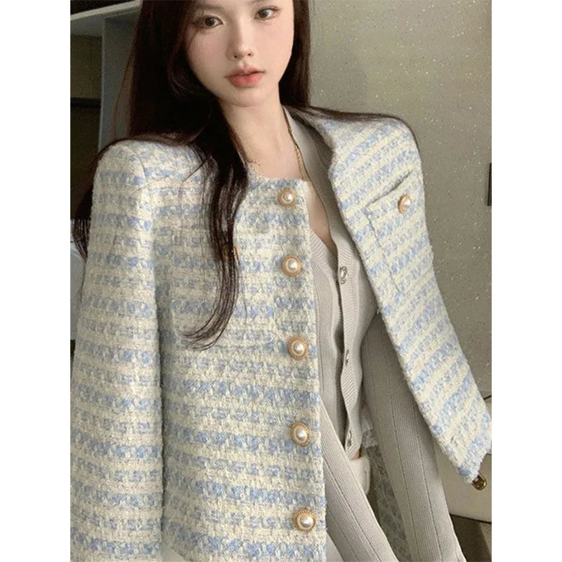 Vintage Cropped Jackets Women Korean Tweed Striped Short Coat Spring Autumn Elegant Loose Casual All Match Outwear Tops