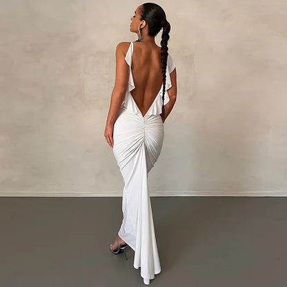 maoxiangshop Backless Maxi Dress Elegant Red Long Sleeve Sexy Ruched Bodyocn Evening Party Dress for Women Spring Slim Christmas Outfits