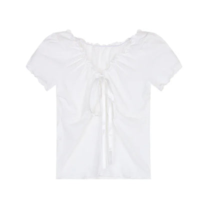 Sexy Ruffle V Neck Lace Up Cropped T-shirts Summer Women Solid Color Slim Student Korean Tshirt Tops CDPF-DL-5288