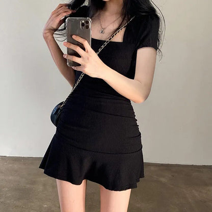 maoxiangshop Ruched Black Dress Women Square Collar Short Sleeve Slim Mini Dress Summer Korean Fashion Folds Ruffles Bodycon Sundress