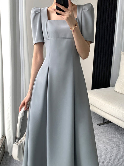 maoxiangshop Vintage Square Collar Casual French Midi Dress for Women Elegant Party Ladies Pleated A-Line Femme Fashion Bodycon Dress Summer