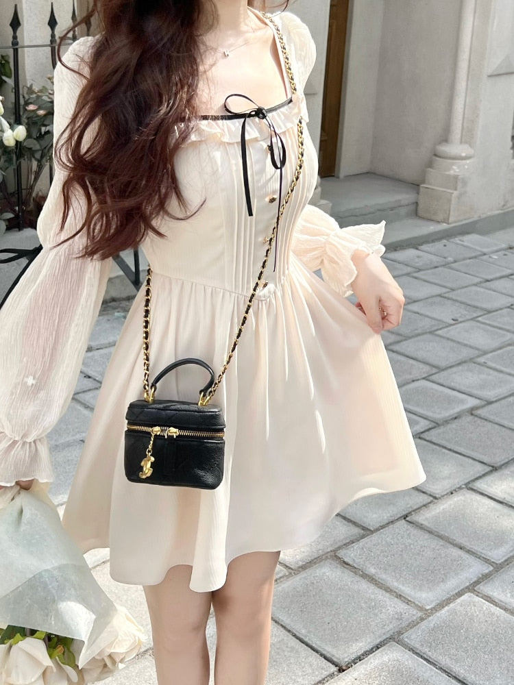 maoxiangshop Lolita Bandage Mini Dress for Women Party Y2k Casual Long Flare Sleeve Vintage One Piece Dress Elegant Korea Fashion Autumn