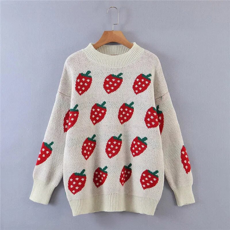 maoxiangshop Cute Strawberry Sweater Women Soft Jacquard Knit Pullover Jumper Teen Girl Autumn Winter Outfit