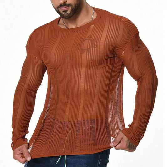 maoxiangshop Sexy See Through Knitted T Shirt Mens Long Sleeve O Neck Slim Stretch Knit Tops For Men Casual Breathable Solid Color Pullovers