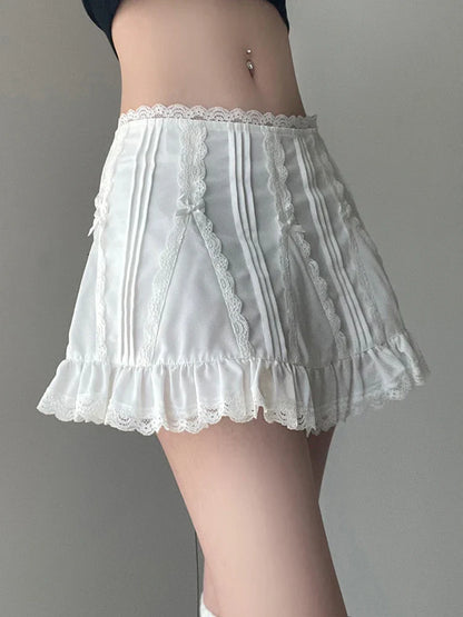 maoxiangshop Casual Slim Solid Lace A-Line Skirt Coquette Style Bow Mid-Waisted Mini Skirts Women Summer Fashion Streetwear Lady