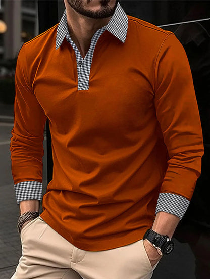 maoxiangshop Spring And Autumn New Men's Casual Long sleeved Polo Shirt Fashion Thousand Bird Check Polo Collar Button Breathable Polo Shirt