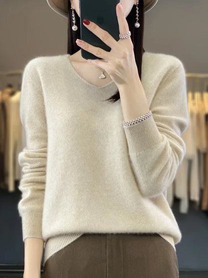 maoxiangshop Pure Wool V-Neck Sweater Women's Short Autumn And Winter All Loose And Thin Pullover Sweater Base Shirt Solid Color Authentic