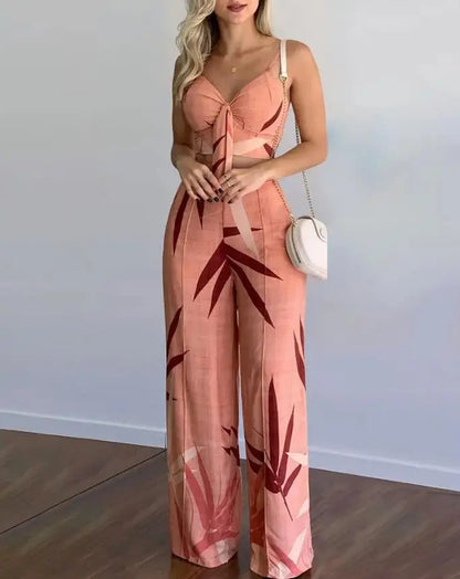 maoxiangshop Summer New Women's Suit Sexy Sleeveless Backless Womens Outfits Leaf Print Crop Top & Wide Leg Pants Set Long Pants 2 Piece Sets