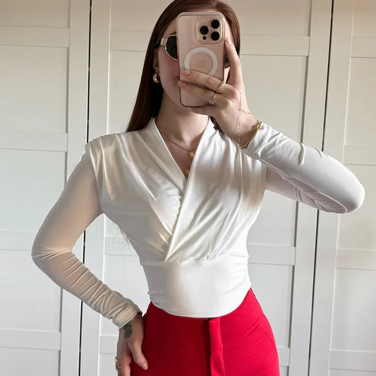 maoxiangshop  -  Cross-Neck Slim Long Sleeve Crop Top For Women Elegant Ruched Solid T shirt Autumn Fashion Versatile Female Pullovers