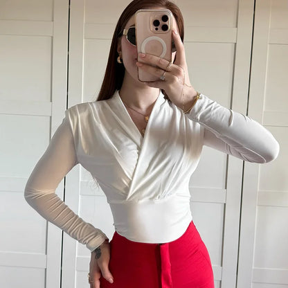 maoxiangshop  -  Cross-Neck Slim Long Sleeve Crop Top For Women Elegant Ruched Solid T shirt Autumn Fashion Versatile Female Pullovers