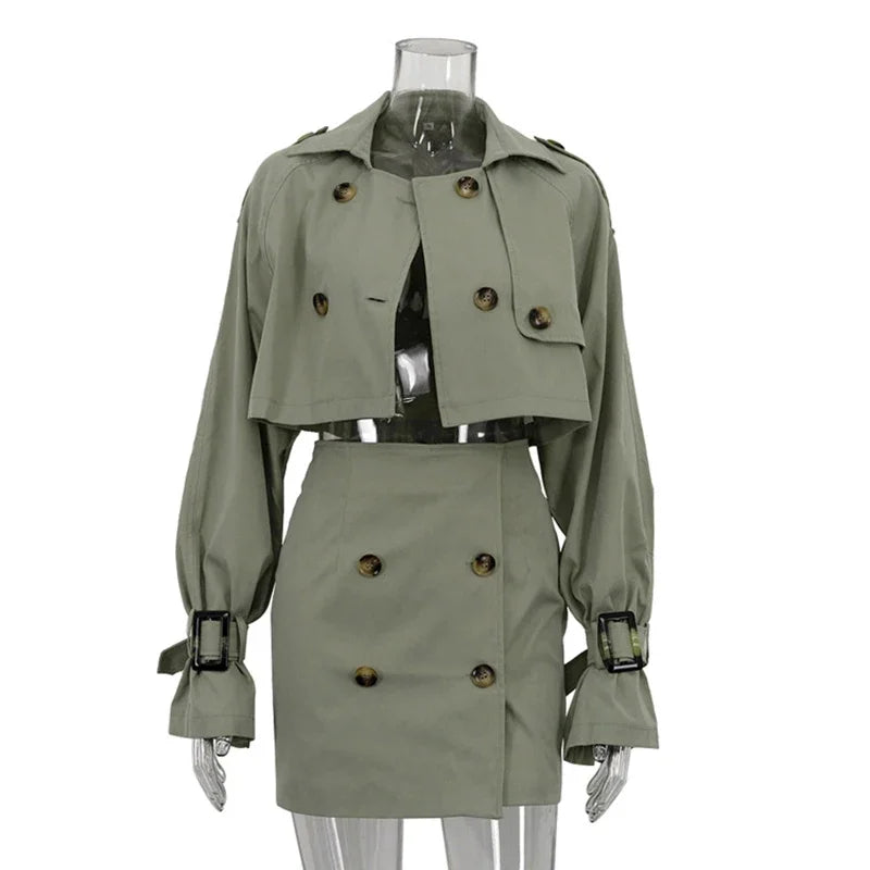 maoxiangshop  -  Short Jacket Skirt Two-Piece Set For Women Retro Button Slim Splice Mini Skirt Female Autumn Streetwear Matching Sets