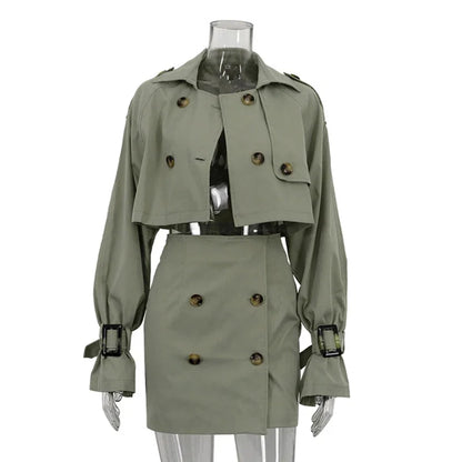 maoxiangshop  -  Short Jacket Skirt Two-Piece Set For Women Retro Button Slim Splice Mini Skirt Female Autumn Streetwear Matching Sets
