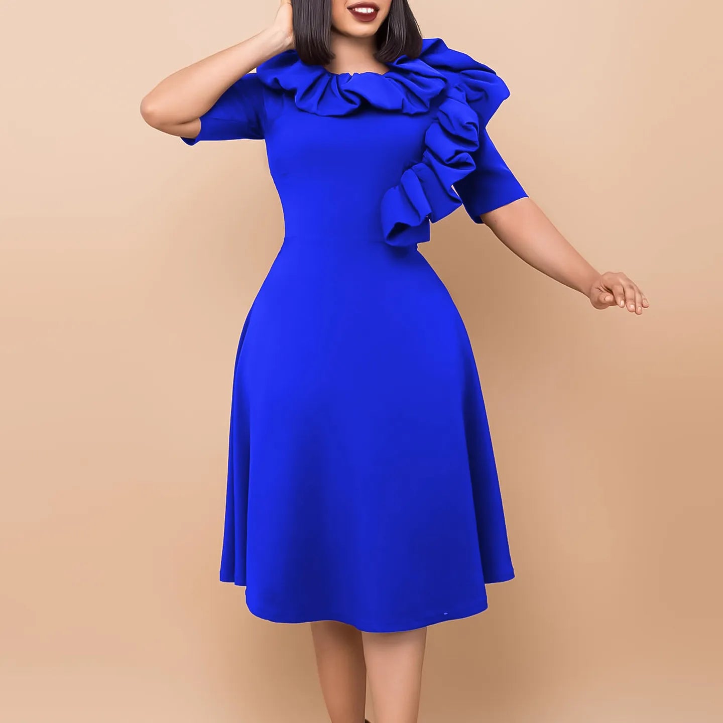 maoxiangshop Elegant Ruffle Work Midi Dress Women Solid Pleated O Neck Half Sleeve High Waist Party Business Cocktail Mid Dresses