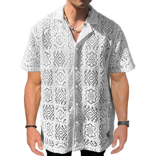 maoxiangshop Casual Hollow Out Breathable Beach Mesh Shirt Mens Short Sleeve Button Lapel Mesh Tops For Men Summer Vintage Pure Color Shirts