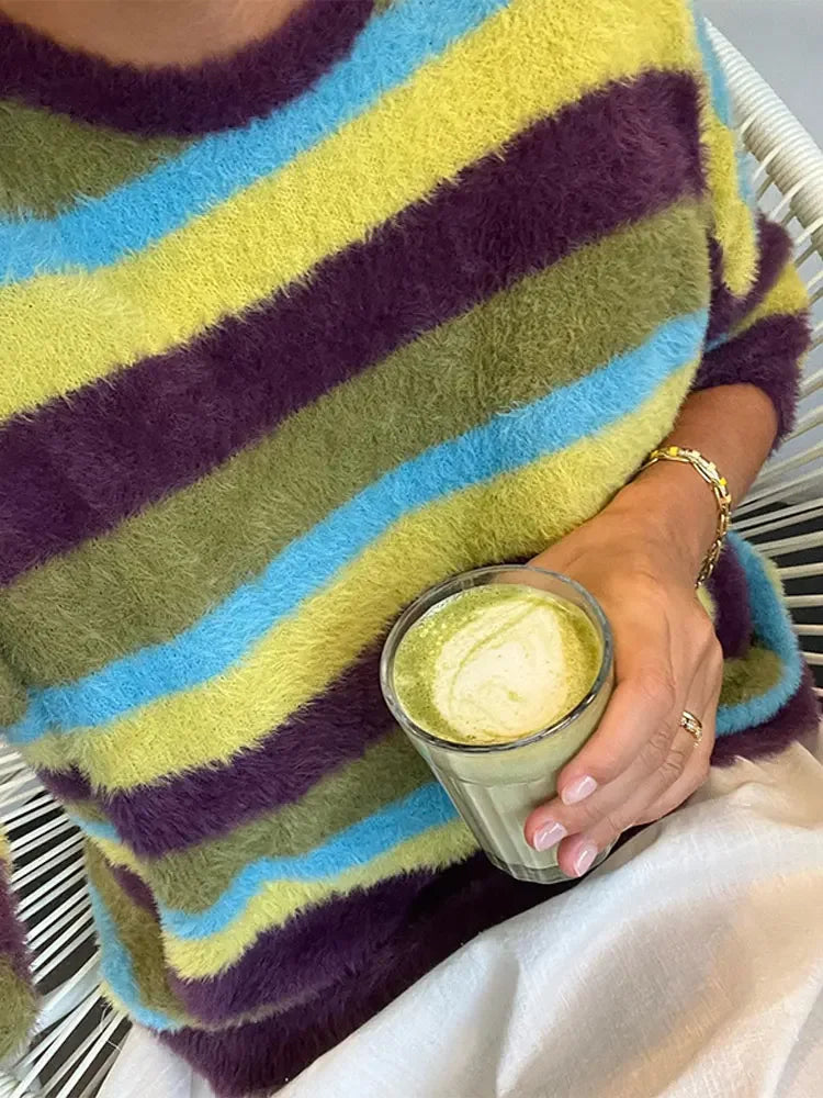 maoxiangshop -  Fashion Colorful Mohair Striped Sweater Women O Neck Long Sleeve Loose Knitted Pullover Winter Lady Soft Street Warm Jumper