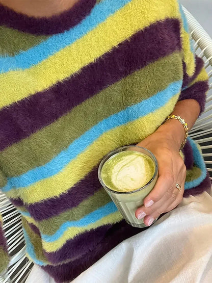 maoxiangshop -  Fashion Colorful Mohair Striped Sweater Women O Neck Long Sleeve Loose Knitted Pullover Winter Lady Soft Street Warm Jumper