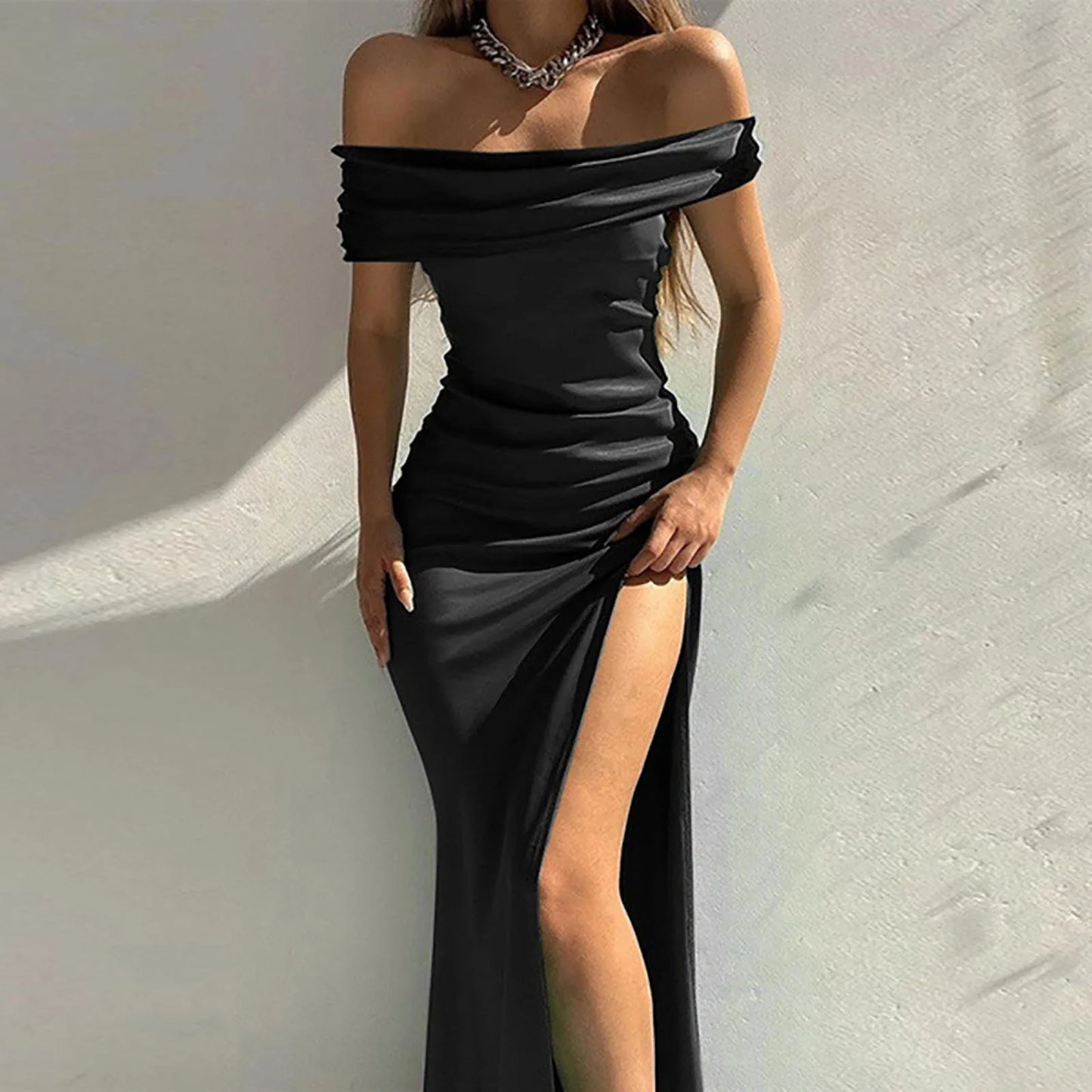 maoxiangshop-Women's Formal Dresses Fashion Solid Color Off Shoulder Satin Slim Side Slit Midi Dress Elegant Party Evening Dress For Women