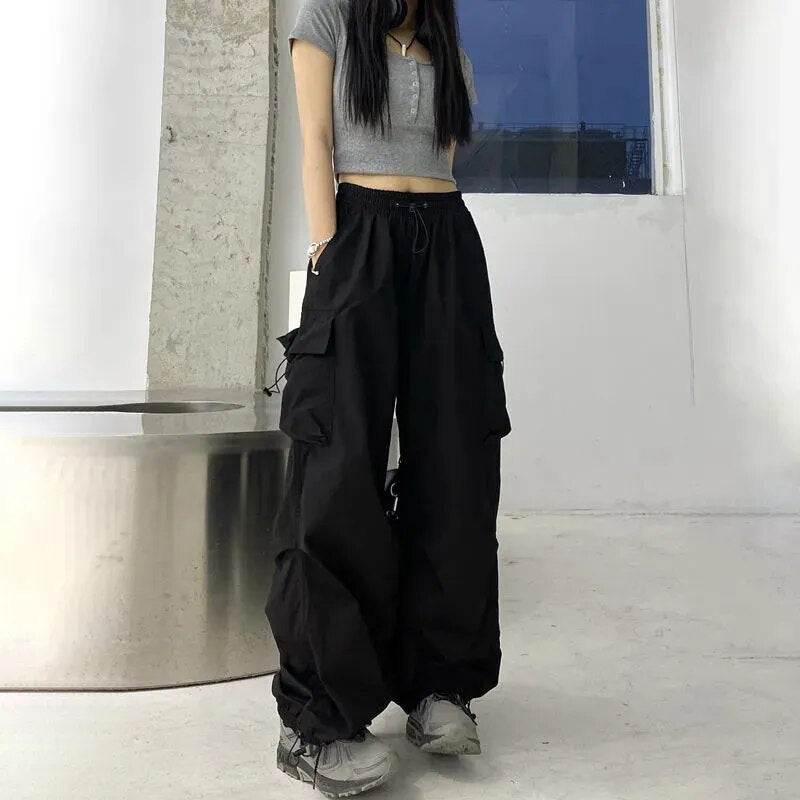 maoxiangshop Hip Hop Women Cargo Pants Streetwear All Match Y2K Wide Leg Pants Korean Elastic Waist Sweatpants Female Chic Trousers