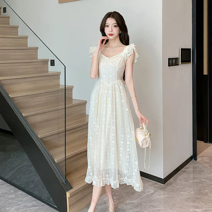 maoxiangshop French Sweet Midi Dresses for Women Summer New High-waisted Fly-sleeved Elegant Fashion Clothing Korean Casual Female Dress