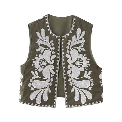 maoxiangshopWomen Fashion Y2k Vintage Floral Embroidery Vest Top V Neck Loose Casual Summer Woman Short Cardigan Waistcoat Chic Tops