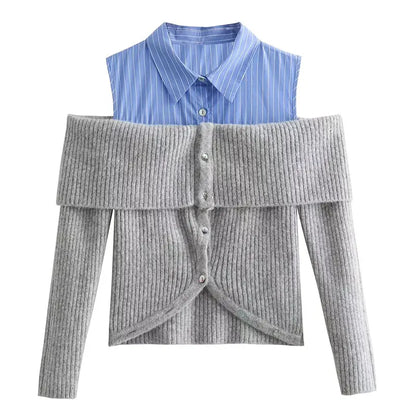 maoxiangshop -  Autumn Women Fashion Cardigan Knitting Lapel Shirt Patchwork Off Shoulder Crop Top Female Long Sleeve Casual Sweaters