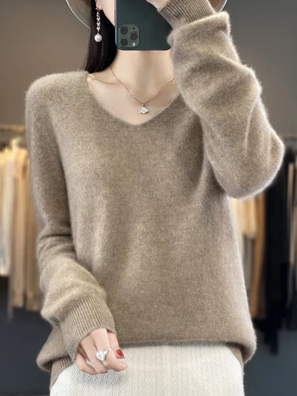 maoxiangshop Pure Wool V-Neck Sweater Women's Short Autumn And Winter All Loose And Thin Pullover Sweater Base Shirt Solid Color Authentic