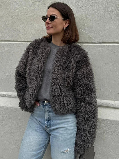 maoxiangshop -  Winter Loose Artificial Fur Jacket Women Fashion O Neck Long Sleeve Plush Warm Coat Autumn Chic Office Lady Thick Gary Outerwear