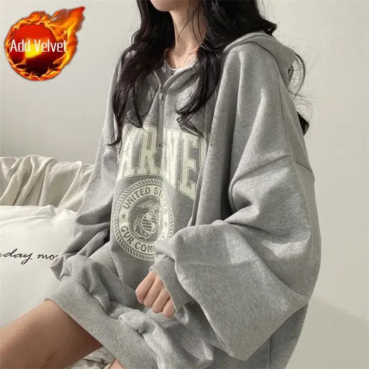 Graphic Hoodies Baggy Tops Grey with Zipper Sweatshirts for Women Full Zip Up Hooded Loose Female Clothes Pullovers Sport Trend