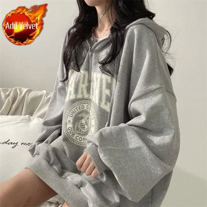 Graphic Hoodies Baggy Tops Grey with Zipper Sweatshirts for Women Full Zip Up Hooded Loose Female Clothes Pullovers Sport Trend