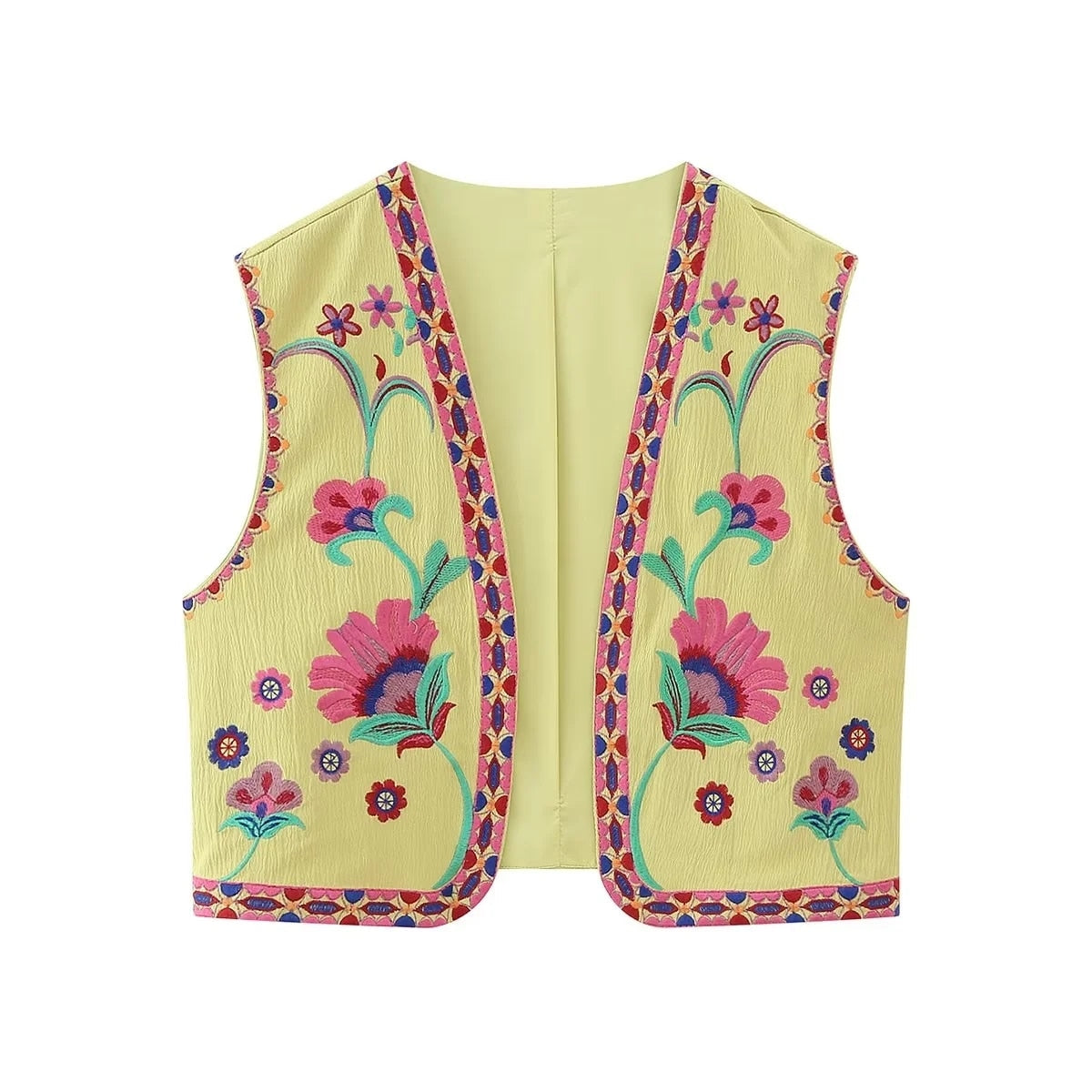 maoxiangshopWomen Fashion Y2k Vintage Floral Embroidery Vest Top V Neck Loose Casual Summer Woman Short Cardigan Waistcoat Chic Tops