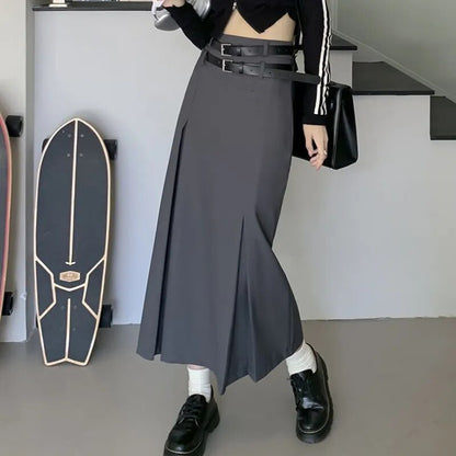 maoxiangshop Korean Style High Waist Long Skirt Women Summer Double Belt Preppy Midi Skirts Woman Pleated Black Gray A Line Skirt