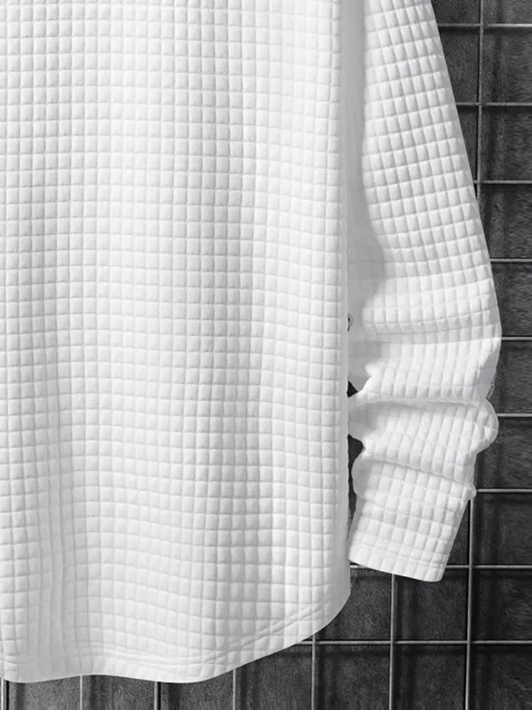 maoxiangshop Men's Long Sleeves T-shirt Minimalist Checkered Jacquard Textured Round Neck Tees Solid Streetwear Loose Tops Z5104682