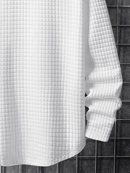 maoxiangshop Men's Long Sleeves T-shirt Minimalist Checkered Jacquard Textured Round Neck Tees Solid Streetwear Loose Tops Z5104682