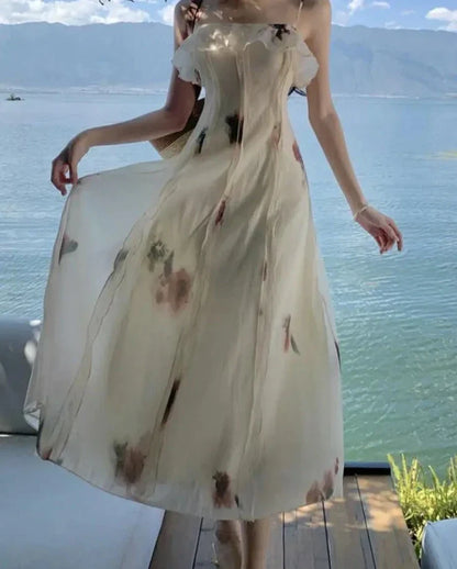 Elegant Ruffles Floral Midi Dresses Summer New Fashion Spaghetti Strap A-line Beach Vestidos Women Holiday Sundress Clothing