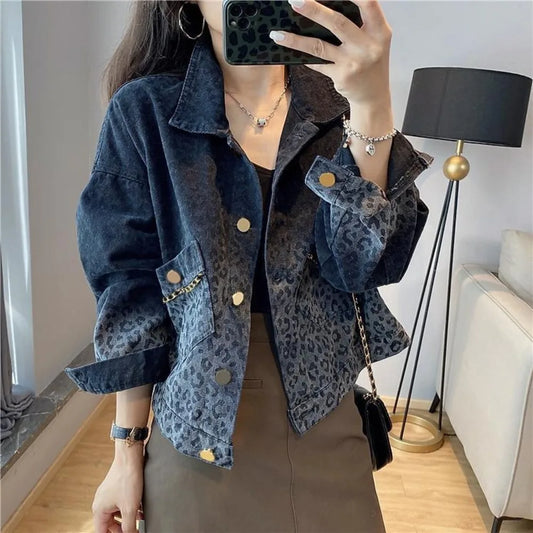 Jackets Women Spring Autumn Denim Jacket Blue Black Jean Jacket Streetwear Vintage Leopard Short Tops Korean Loose Cowboy Jacket