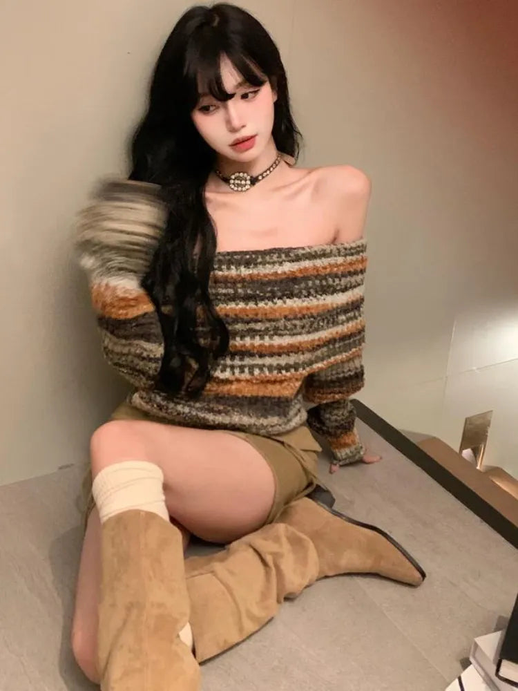 Deeptown Y2K Vintage Striped Cropped Sweater Women Harajuku Hip Hop Slim Knitted Jumper Sweet Off Shoulder Pullover Korean Tops