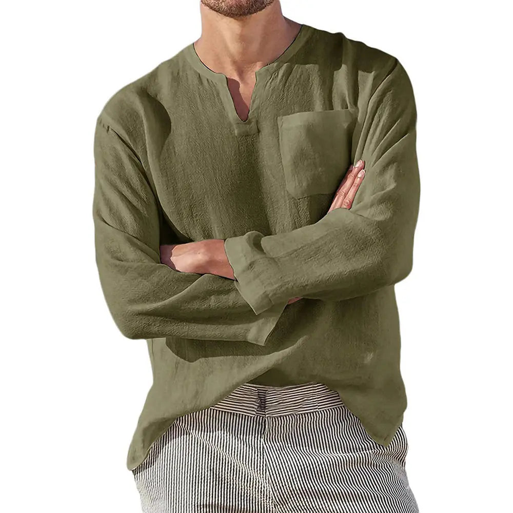 maoxiangshop Men Casual Cotton Linen ShirtsStanding Collar Male Solid Color Long Sleeves Loose Tops Spring Autumn Handsome Men's Shirts