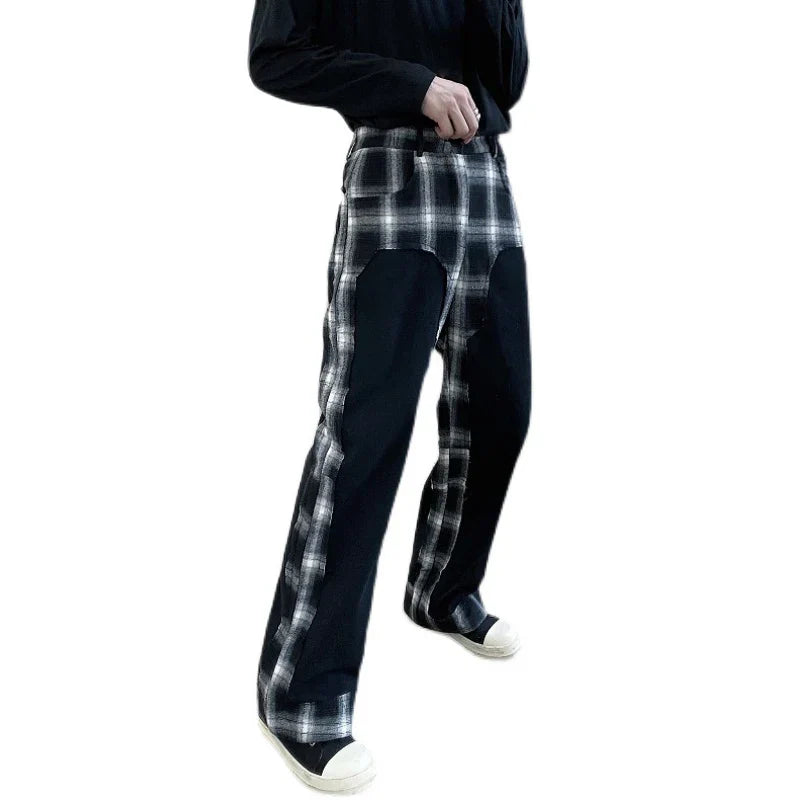 maoxiangshop 2024 Fashion Elegant Plaid Splicing Design Casual Pants Men's Trendy High Street Original Straight Tube Trousers