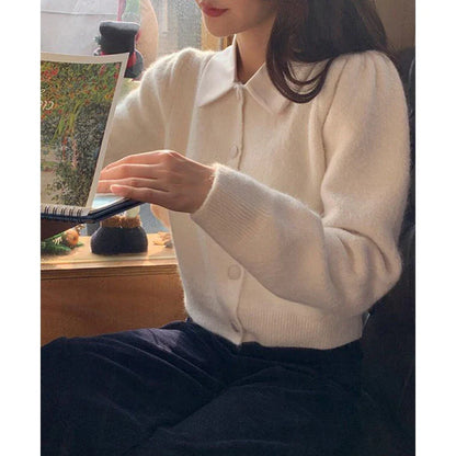 Elegant Knitted Cardigans Women Cropped Patchwork Sweater Coat Korean Solid Slim Knitwear Jackets All Match Jumper Outwear