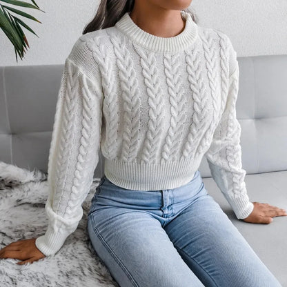 maoxiangshop Crop Cable Knit White Sweater Long Sleeve Crew Neck Pullover Women Jumper Soft Girls Autumn Winter  Thick & Warm Knitwear