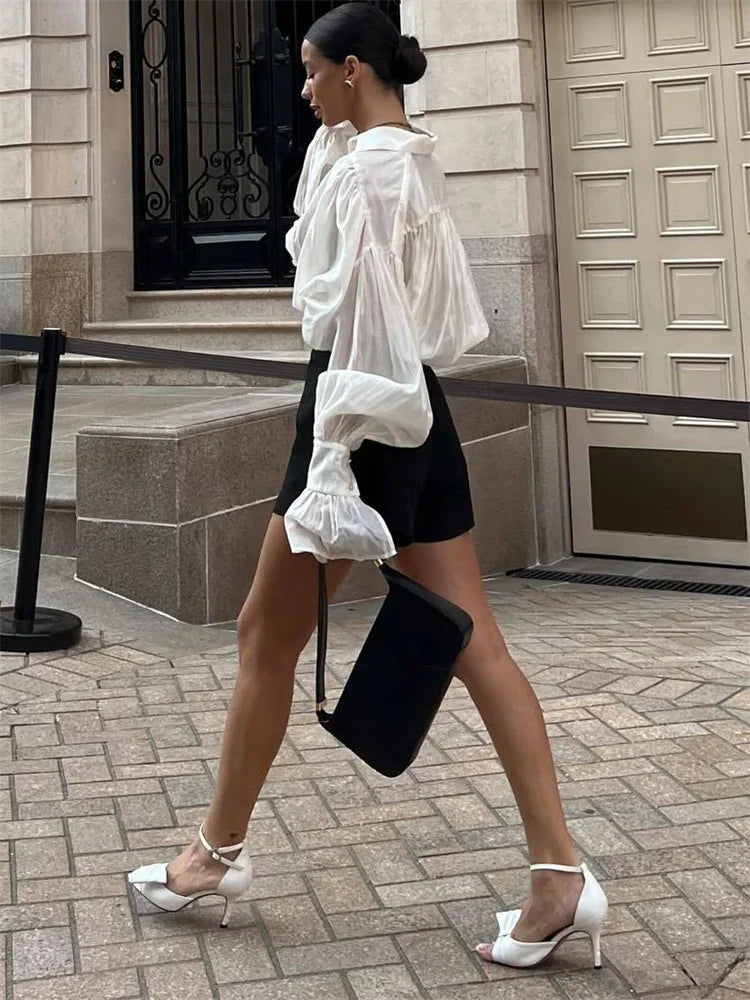 maoxiangshop  -  Autumn See-Through Casual Shirts Top For Women Loose Slim Long Sleeve Lapel Cardigan Streetwear Women's Pleated Shirts Top