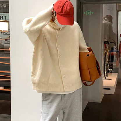 maoxiangshop Winter Clothing Men's Luxury Knitted Jacquard Turtleneck Cardigan Sweatercoat Long Sleeve Casual Buttons Solid Color Coat