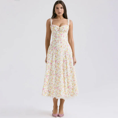 Elegant Summer Midi Dress New Arrivals Floral Print Holiday Flare Party Dress Casual Women Dress Wholesale