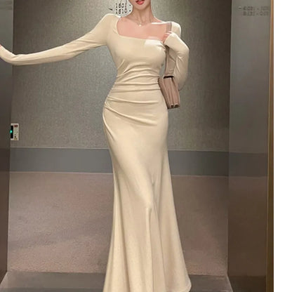 2023 Elegant Slim Waist Women Mermaid Dress French Square Neck Lady Party Solid Midi Dresses Vintage Long Sleeve Female Clothes