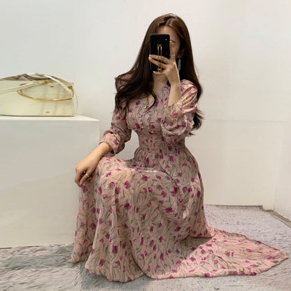 maoxiangshop New Flower Dress Women Floral Chiffon Clothes Maxi Dresses Beach Elegant Autumn Pink Korean Long Sleeve V Neck Vestidos De Mujer