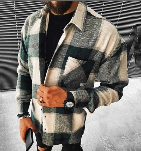 maoxiangshop Men Plaid Shirt Spring Fashion Large Size Pockets Long Sleeve Top Turn-down Collar Single-breasted Shirts