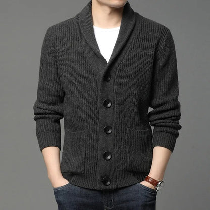 maoxiangshop High Quality Autumn Winter Cardigan Men Thick Knitted Solid Sweater Jakcet Fashion Turn Down Collar Single Breasted Cardigan Men