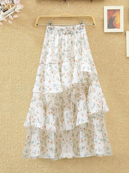 maoxiangshop New Temperament Skirt Summer Floral Irregular Ruffle All-match A-line Skirt Breathable Fairy Cake Skirt Fashion Party
